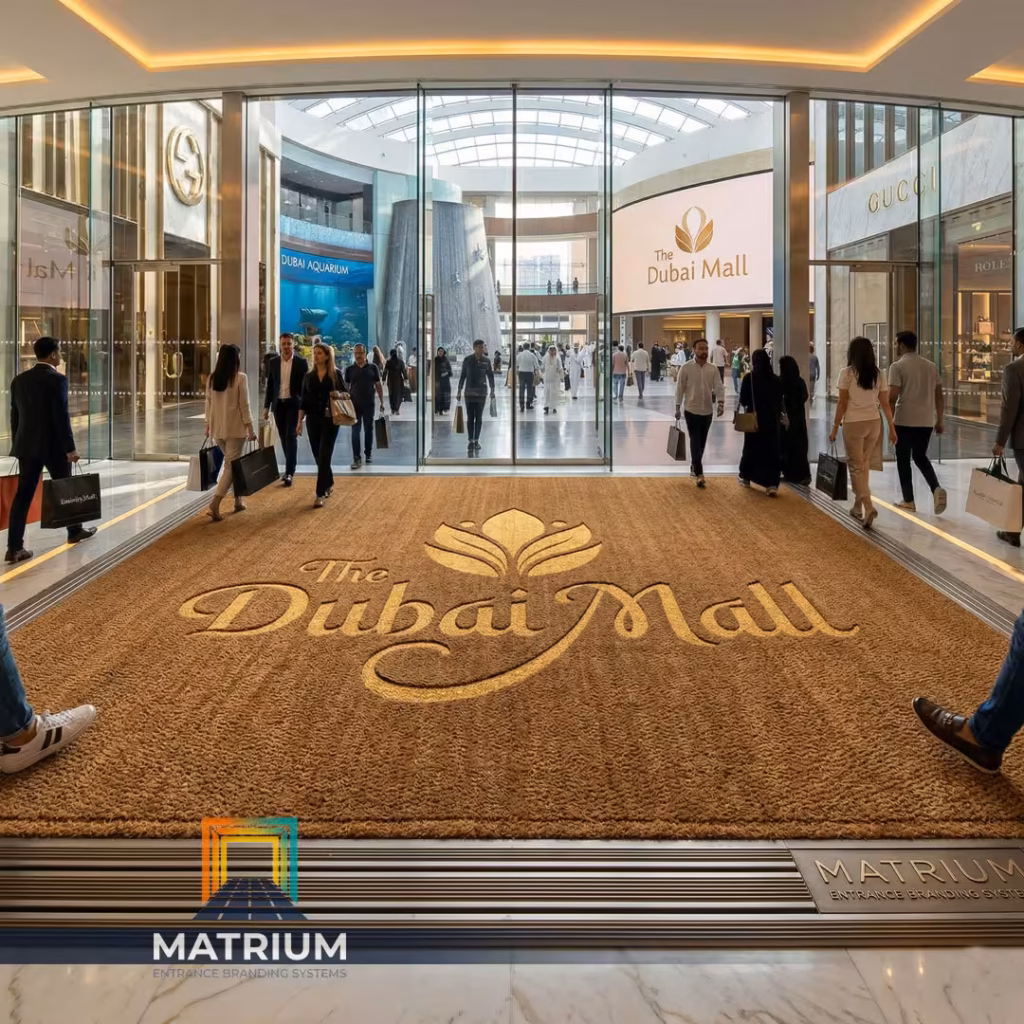 Large-scale custom logo entrance mat for The Dubai Mall by Matrium Entrance Branding Systems.