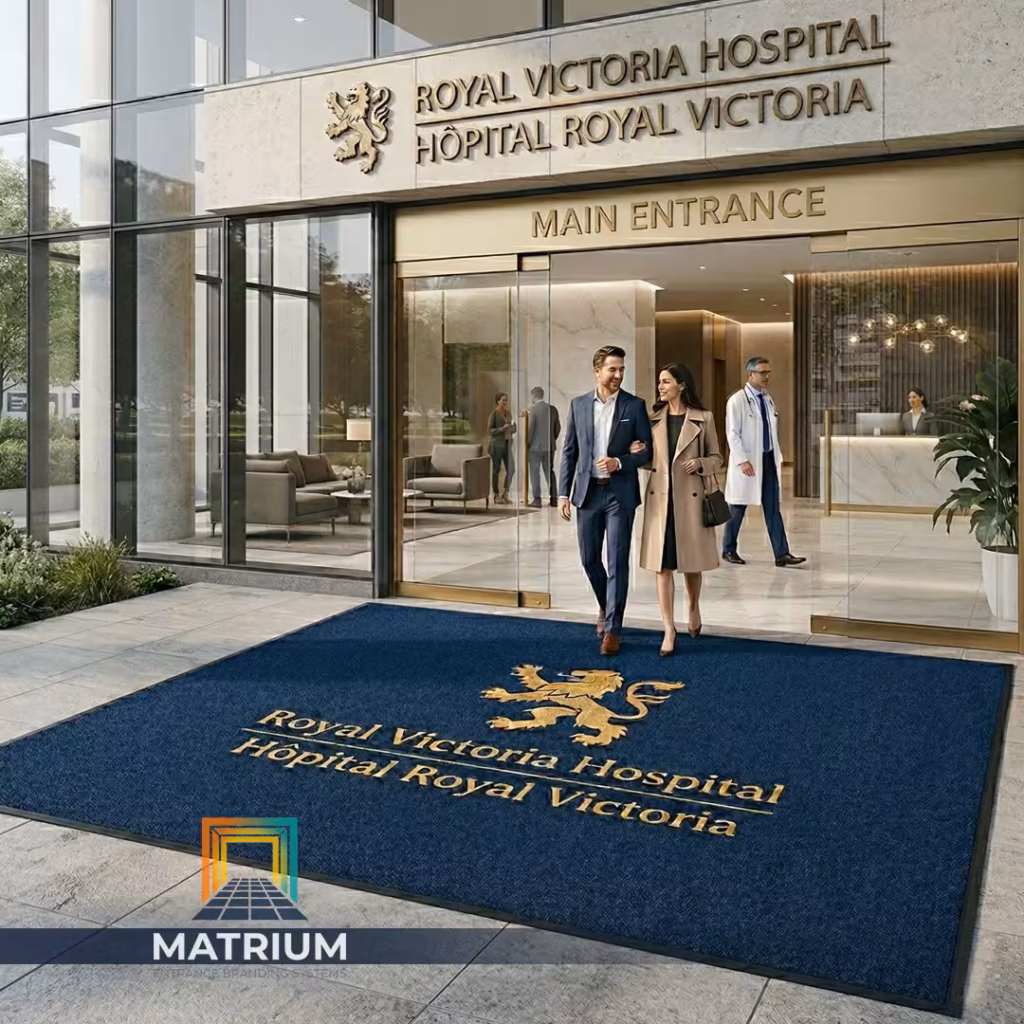 Custom bilingual logo entrance mat for Royal Victoria Hospital by Matrium Entrance Branding Systems.