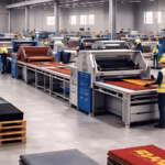 Large-scale commercial door mat manufacturing facility for custom logo mats, showing production line and workers.