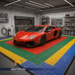 Interlocking plastic modular garage floor matting system for a custom workshop by Matrium.