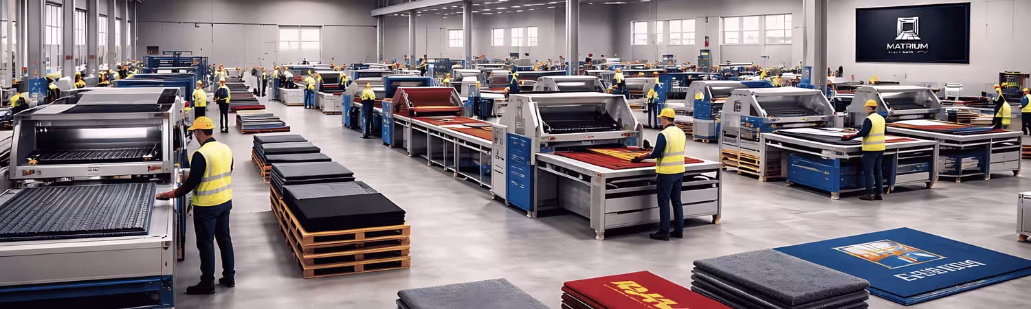Large-scale commercial door mat manufacturing facility for custom logo mats, showing production line and workers.