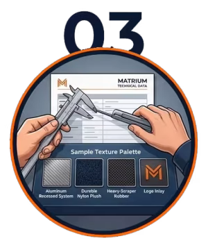 Matrium branding experts selecting custom mat materials and substrates based on a technical entrance inspection.