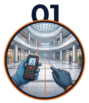 Matrium technician taking precise floor measurements for a custom-fit commercial entrance mat installation.